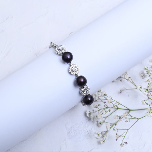 Silver Sparkling Zircon and Black Pearl Bracelet