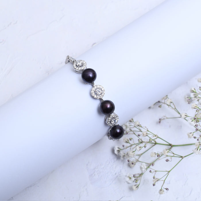 Silver Sparkling Zircon and Black Pearl Bracelet