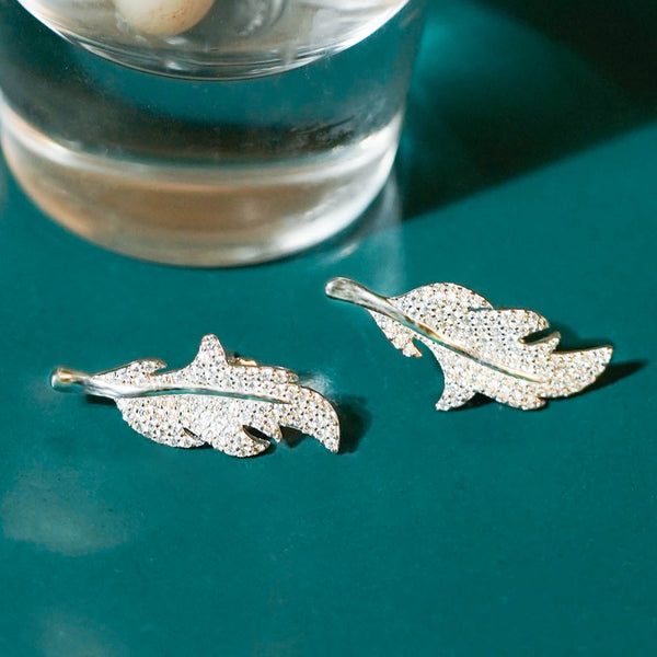 Silver Sparkling Long Leaf Earrings