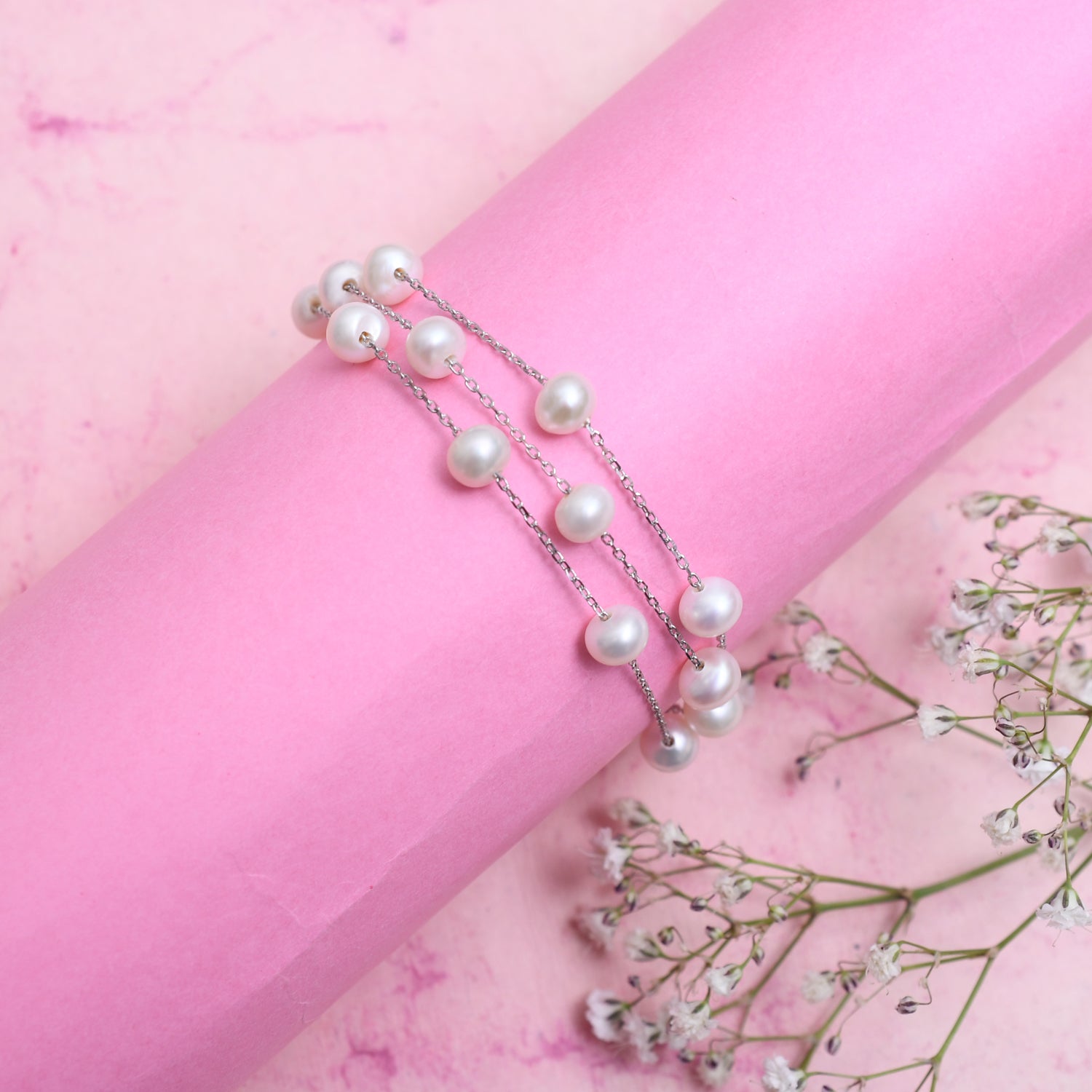 Silver Three Line Pearl Bracelet