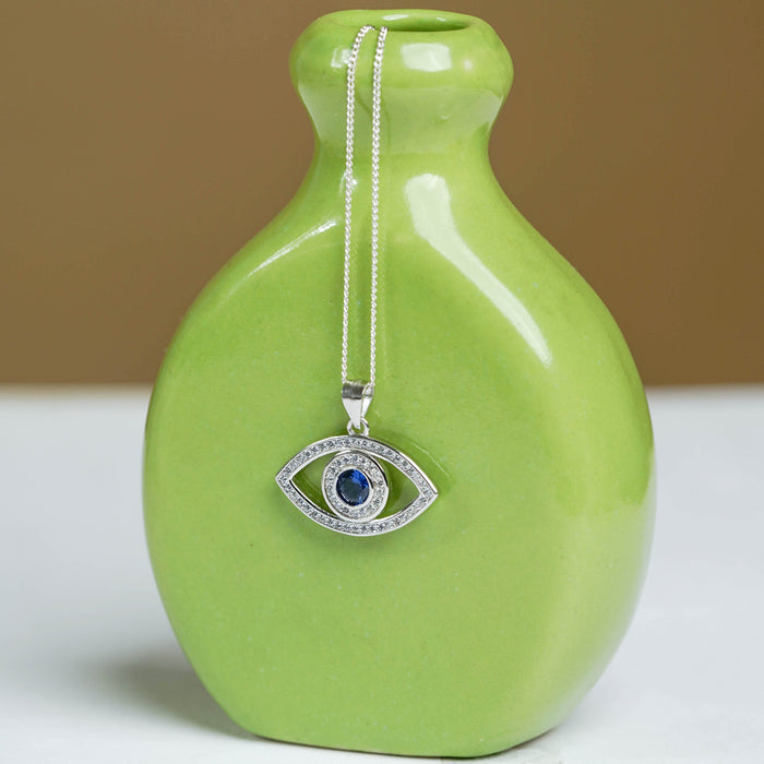 Silver Sparkling Evil Eye Pendant with Link Chain