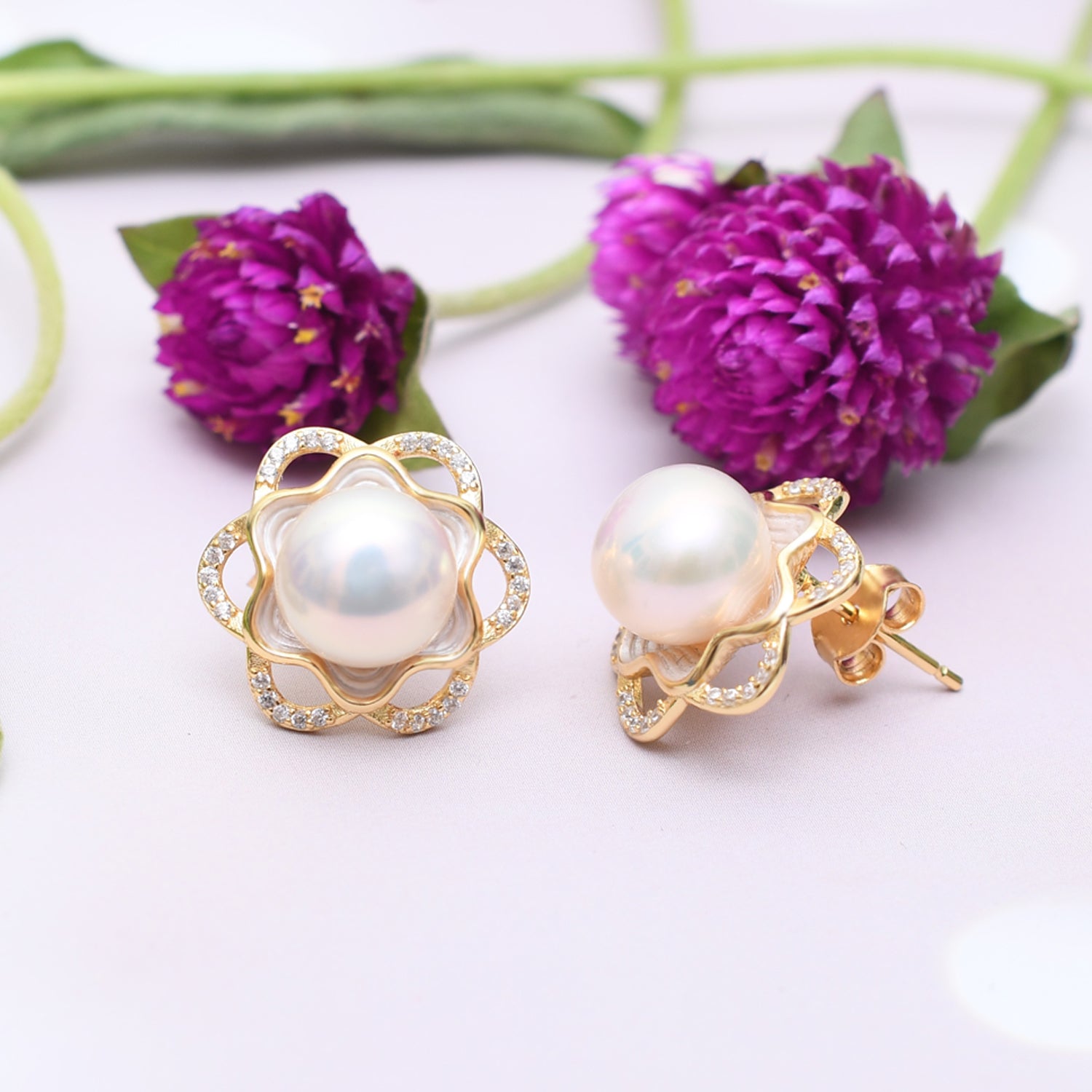 Silver Gold Highlight Oyster Bed Pearl Earrings