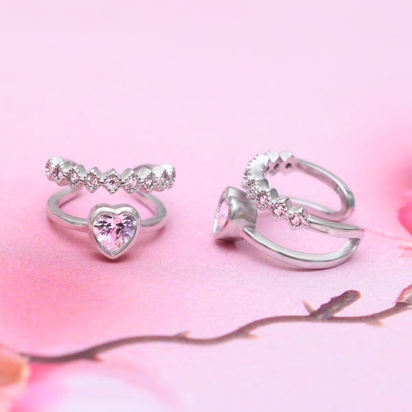 Silver Semi Hoop Zircon Heart Clip On