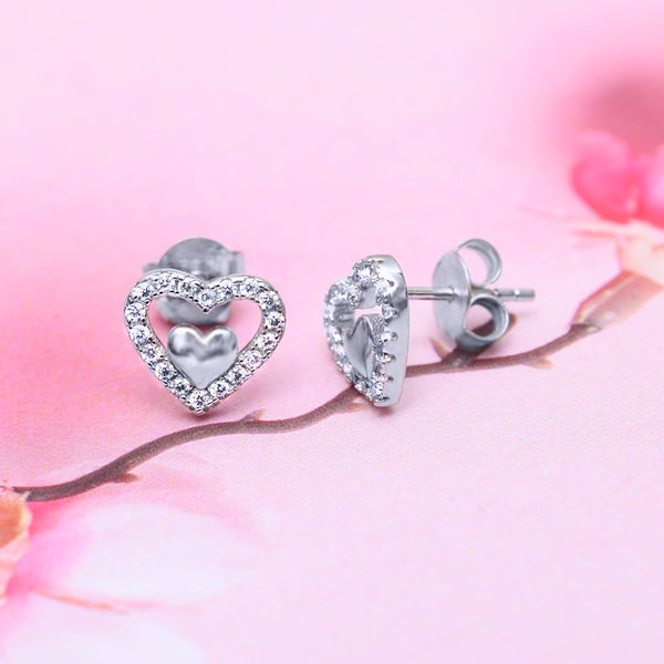 Silver Little Heart in Sparkling Heart Earrings