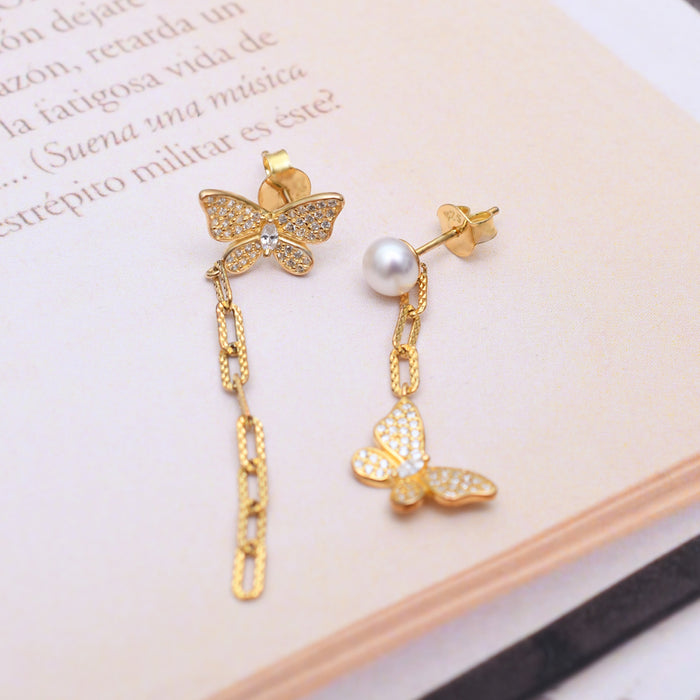 Silver Gold Pearl Linked Chain and Butterfly Earrings