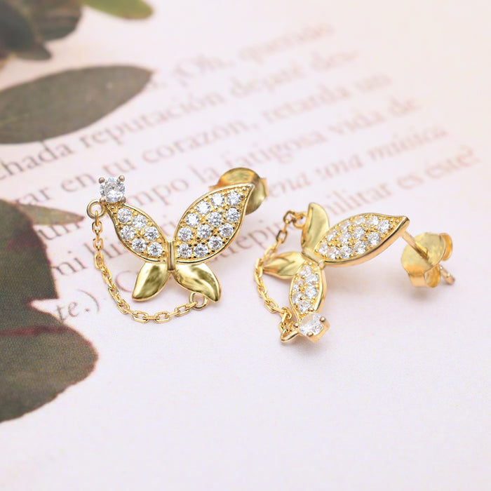 Silver Gold Half Sparkle Butterfly with Chain Dangler Earrings