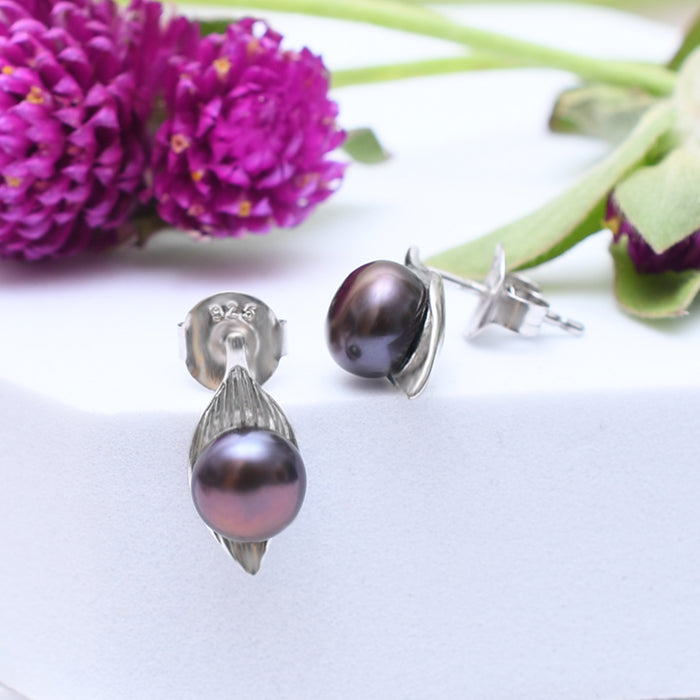 Silver Black Pearl Leaf Dew Drop Earrings