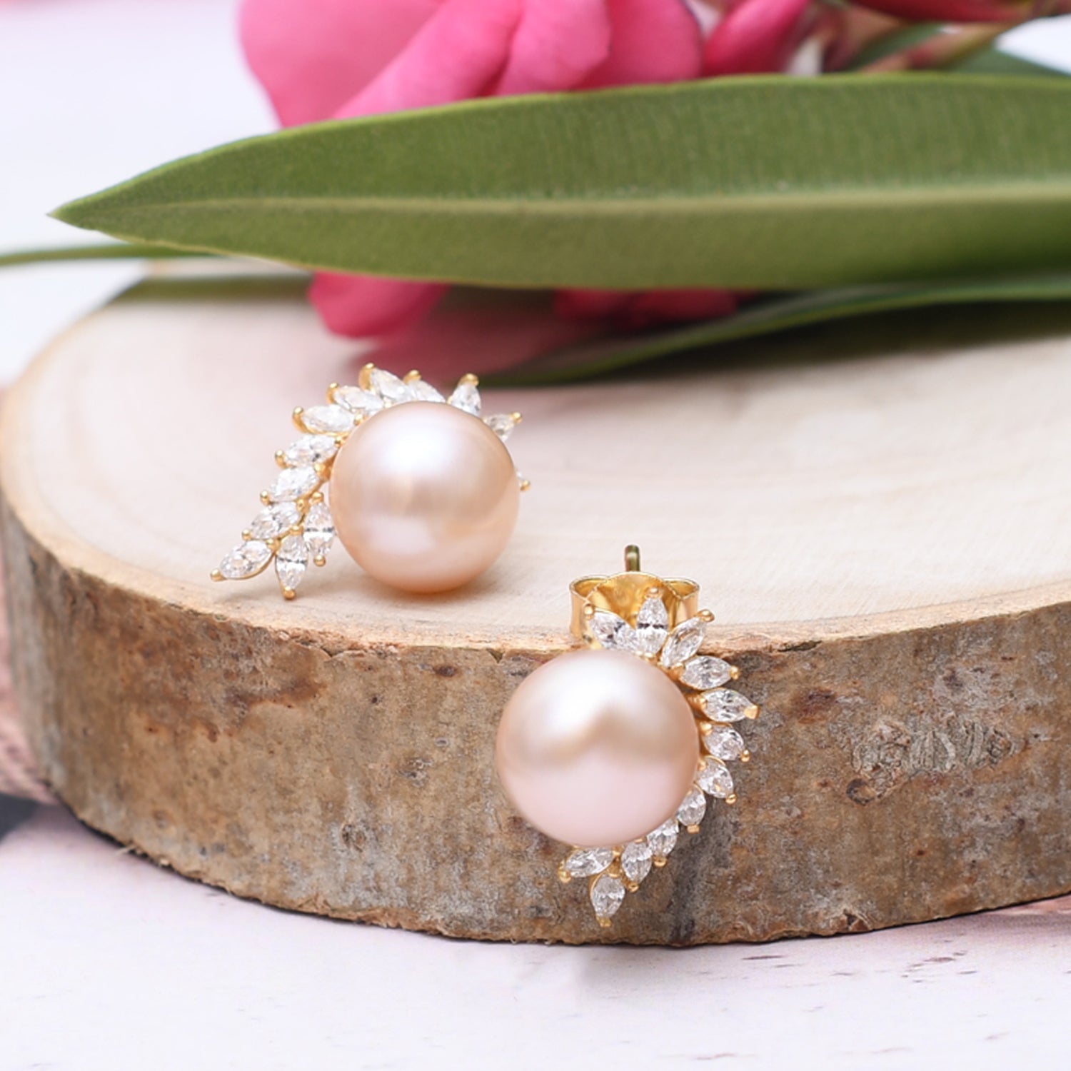 Silver Gold Pearl Embrace Shimmer Leaves Earrings