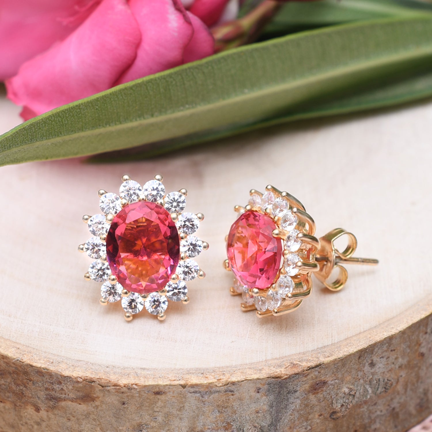 Silver Gold Floral Ruby Red Sparkle Flower Earrings