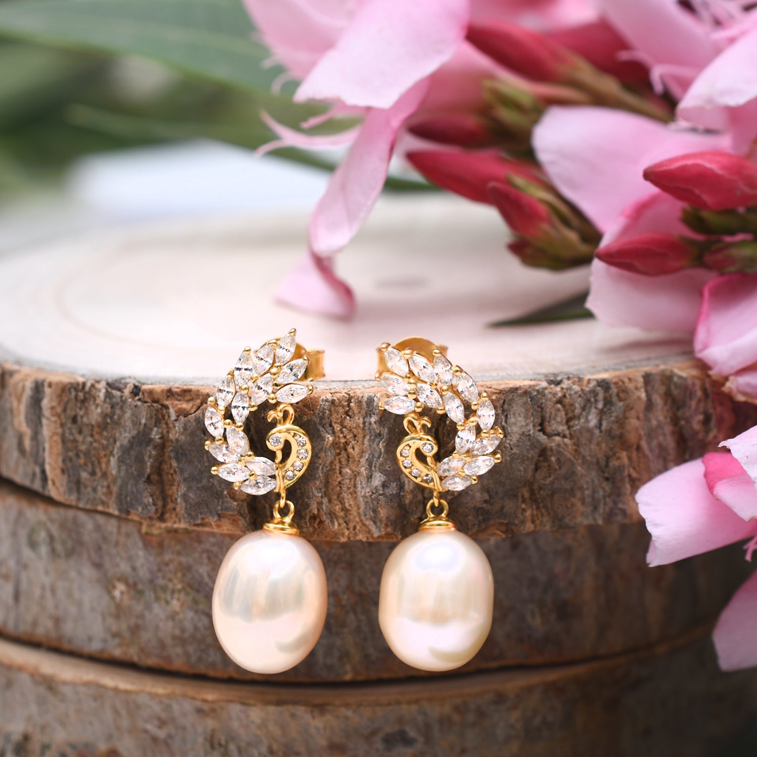 Silver Gold Shimmer Peacock Dangling Pearl Earrings