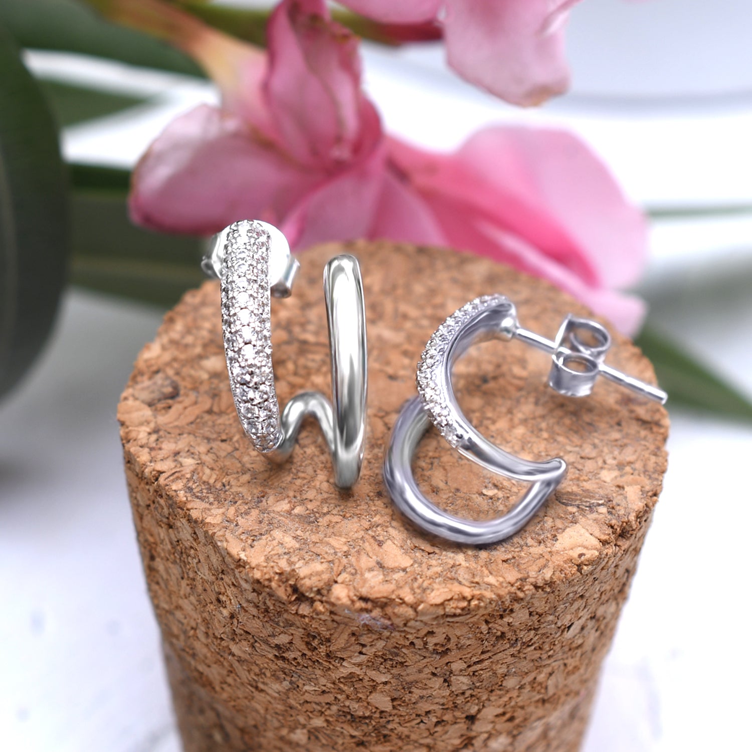 Silver Sparkling Dual Curve Earrings