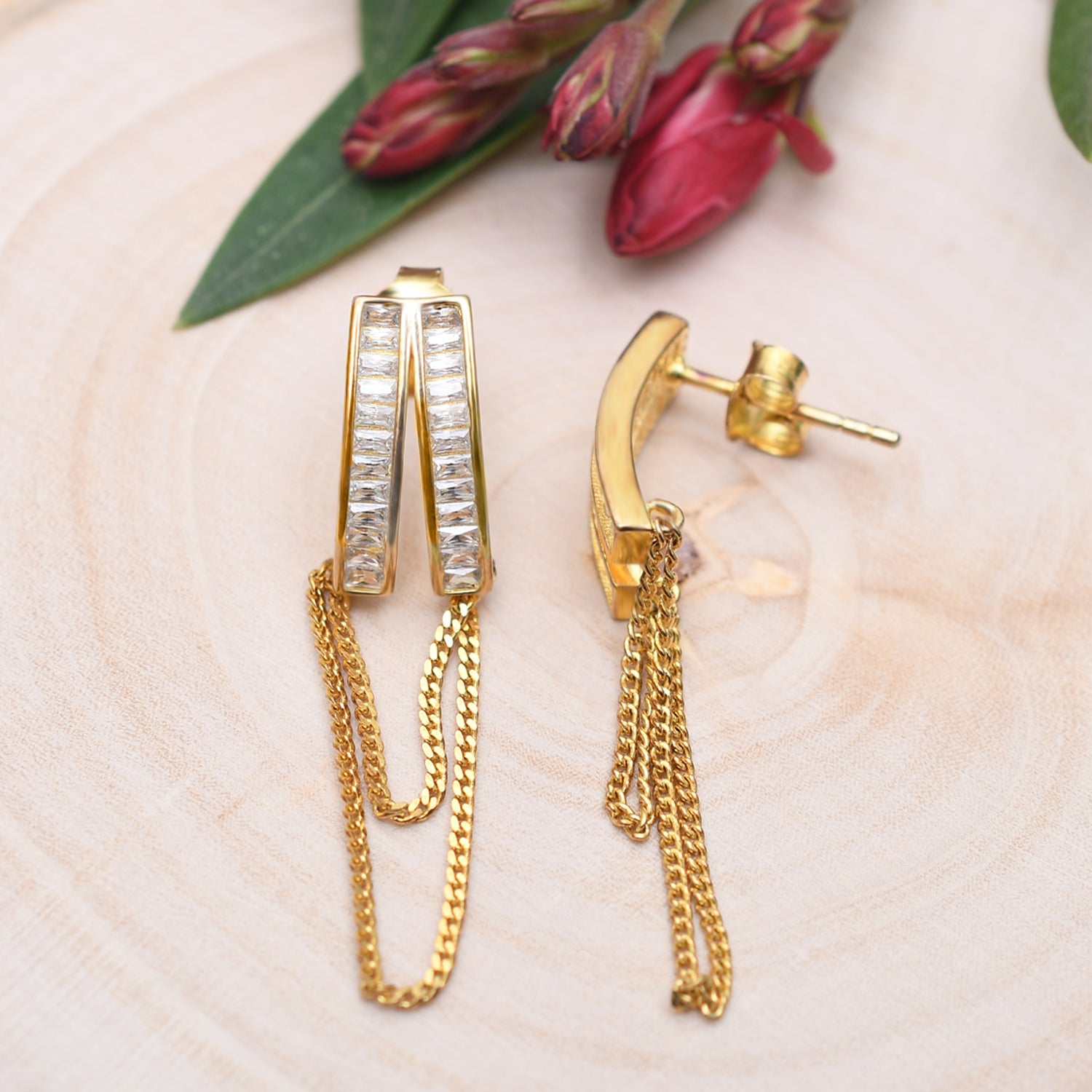 Silver Gold Sparkling V with Chain Dangler Earrings