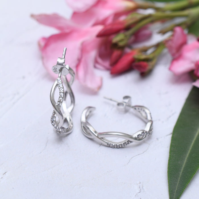 Silver Sparkling Twisted Hoop Earrings