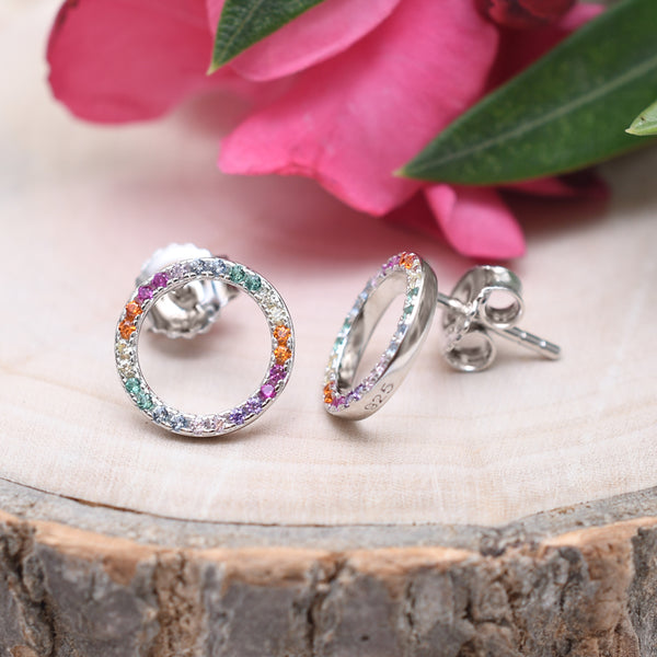 Silver Multi Tone Gemstone Hoop Stud Earrings