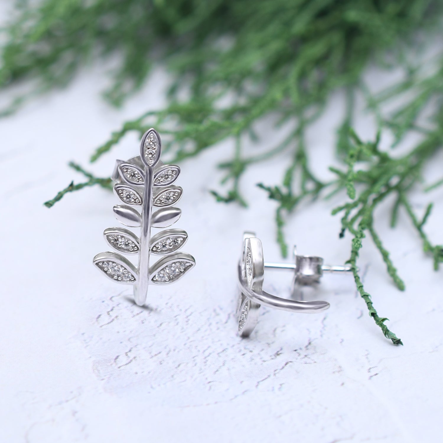 Silver Sparkling Leaf Branch Earrings
