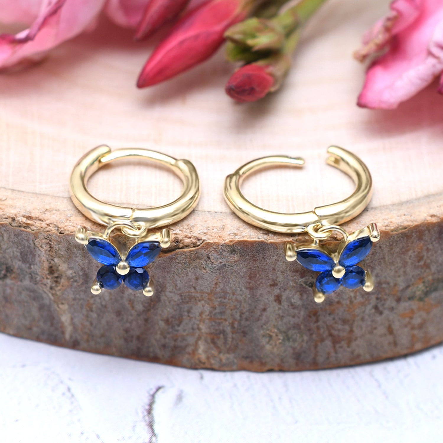 Silver Gold Dangling Sapphire Blue Butterfly Hoop Earrings