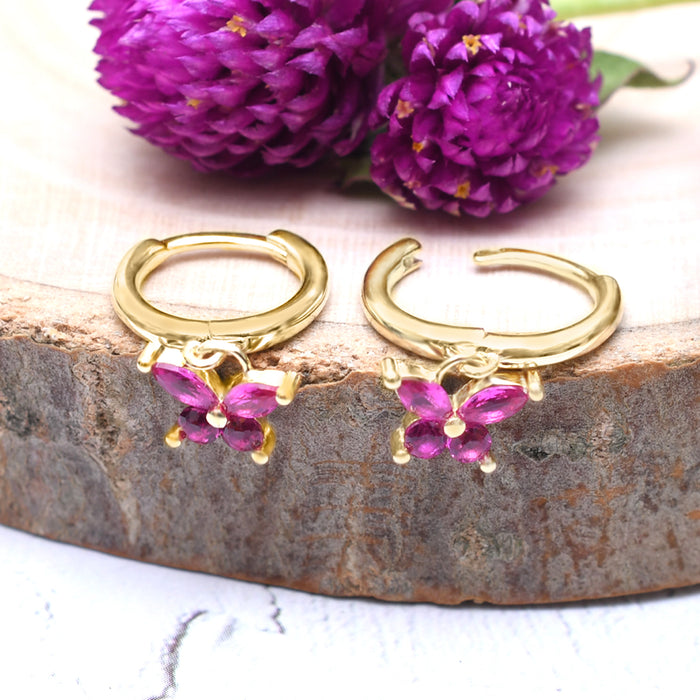 Silver Gold Dangling Ruby Red Butterfly Hoop Earrings