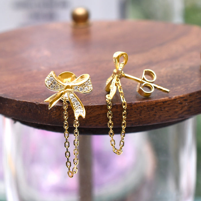 Silver Gold Sparkling Little Bow Linked Dangler Chain Earrings