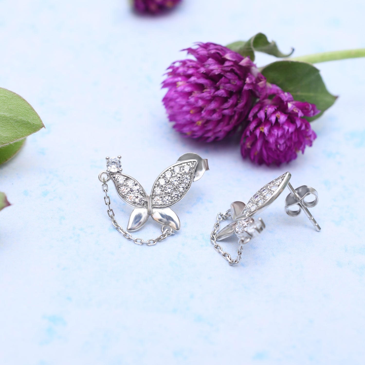 Silver Half Sparkle Butterfly with Chain Dangler Earrings
