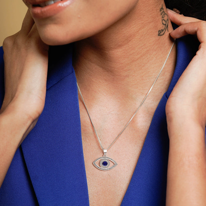 Silver Sparkling Evil Eye Pendant with Link Chain