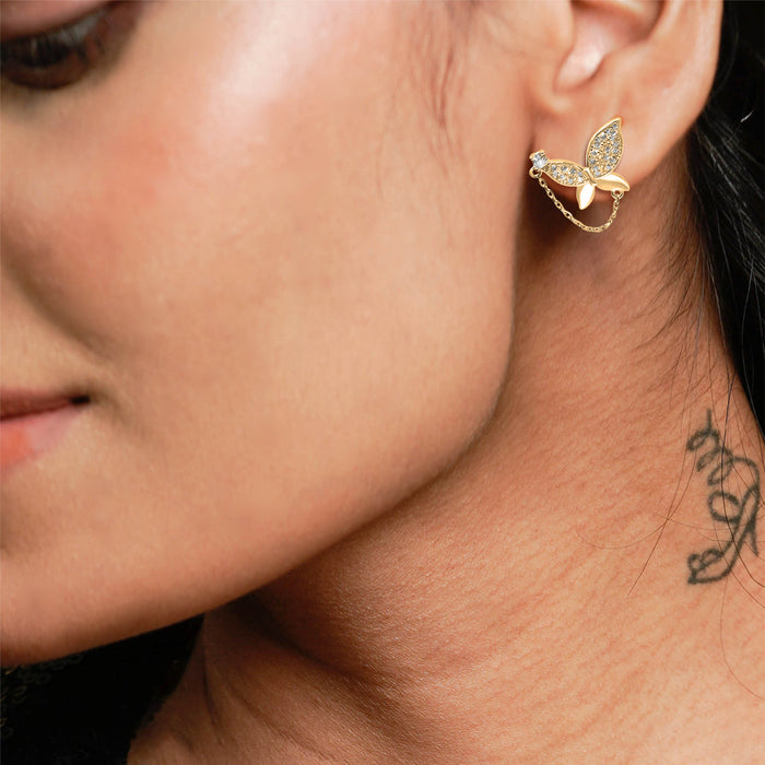 Silver Gold Half Sparkle Butterfly with Chain Dangler Earrings