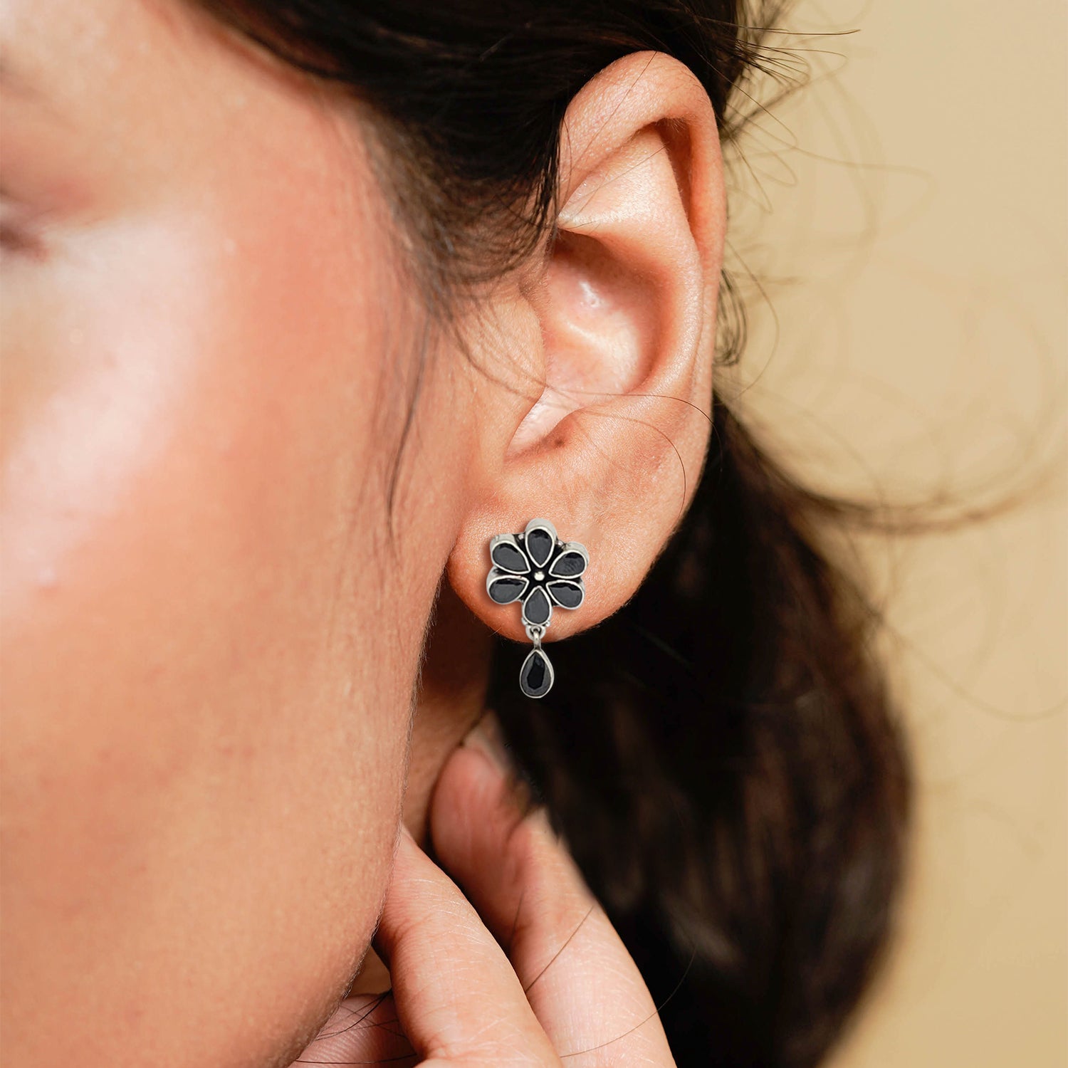 Silver Flower Black Onyx Earrings