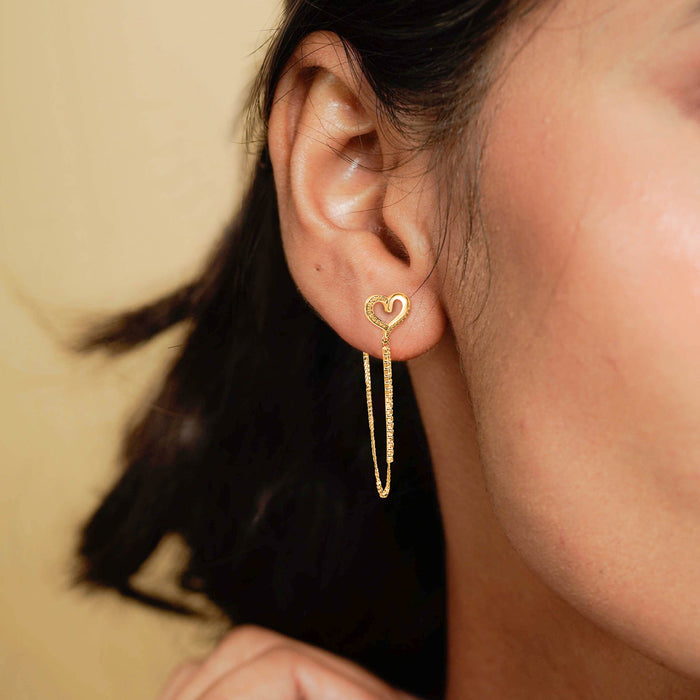 Silver Gold Sparkling Heart with Dangling Chain Earrings