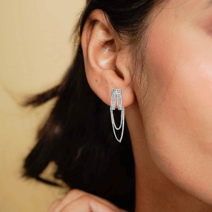 Silver Sparkling V with Chain Dangler Earrings