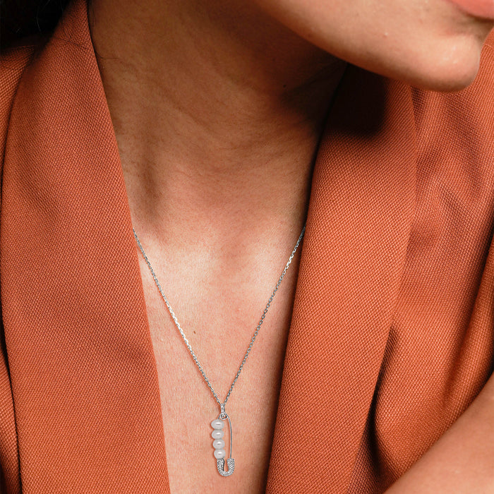 Silver Safety Pin Pearl Necklace