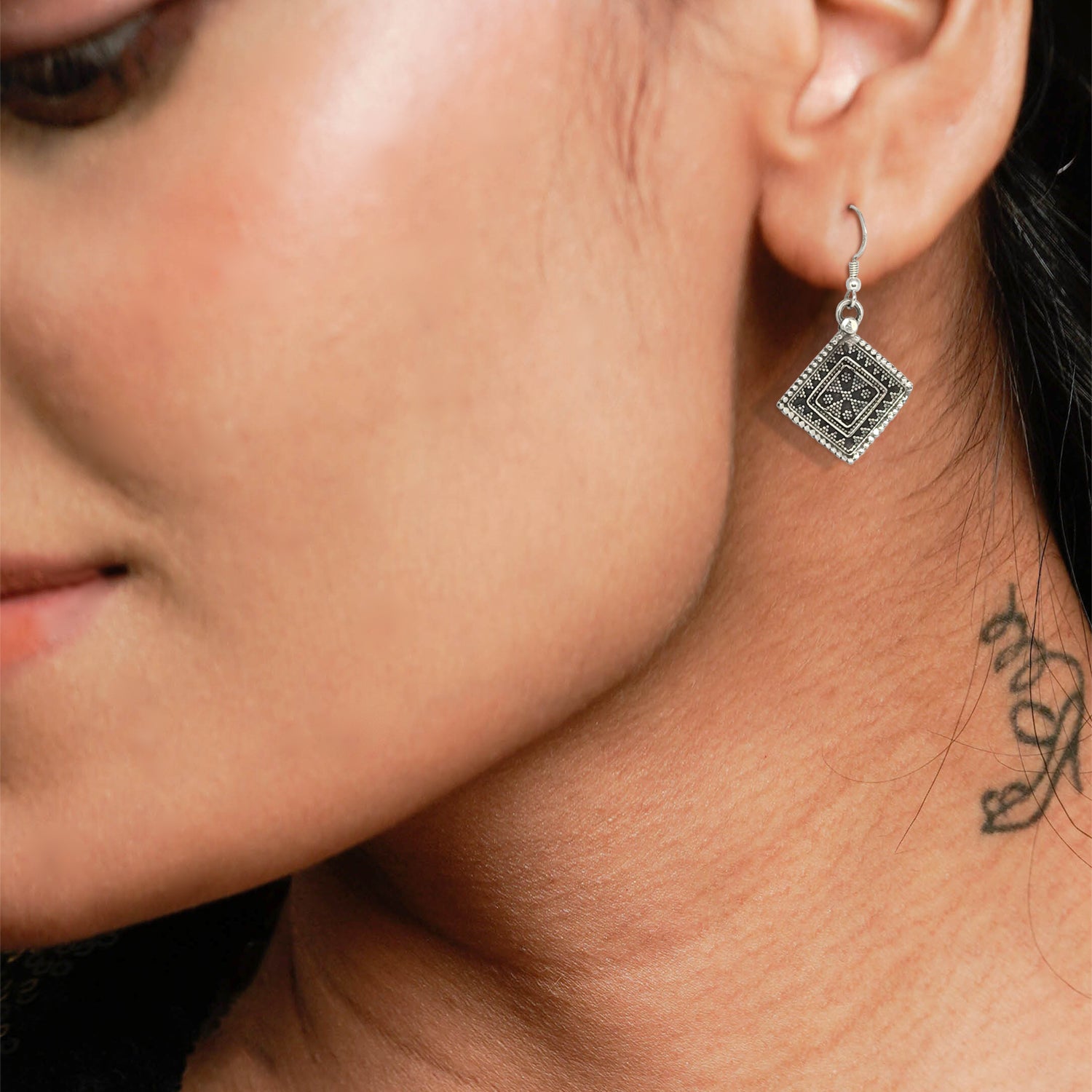 Silver Oxidised Engraved Square Earrings