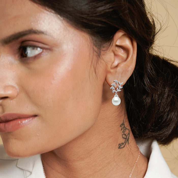 Silver Sparkling Curve Branch Dangling Pearl Earrings