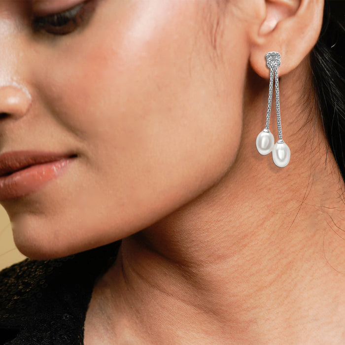 Silver Knotted Dangling Pearls Earrings