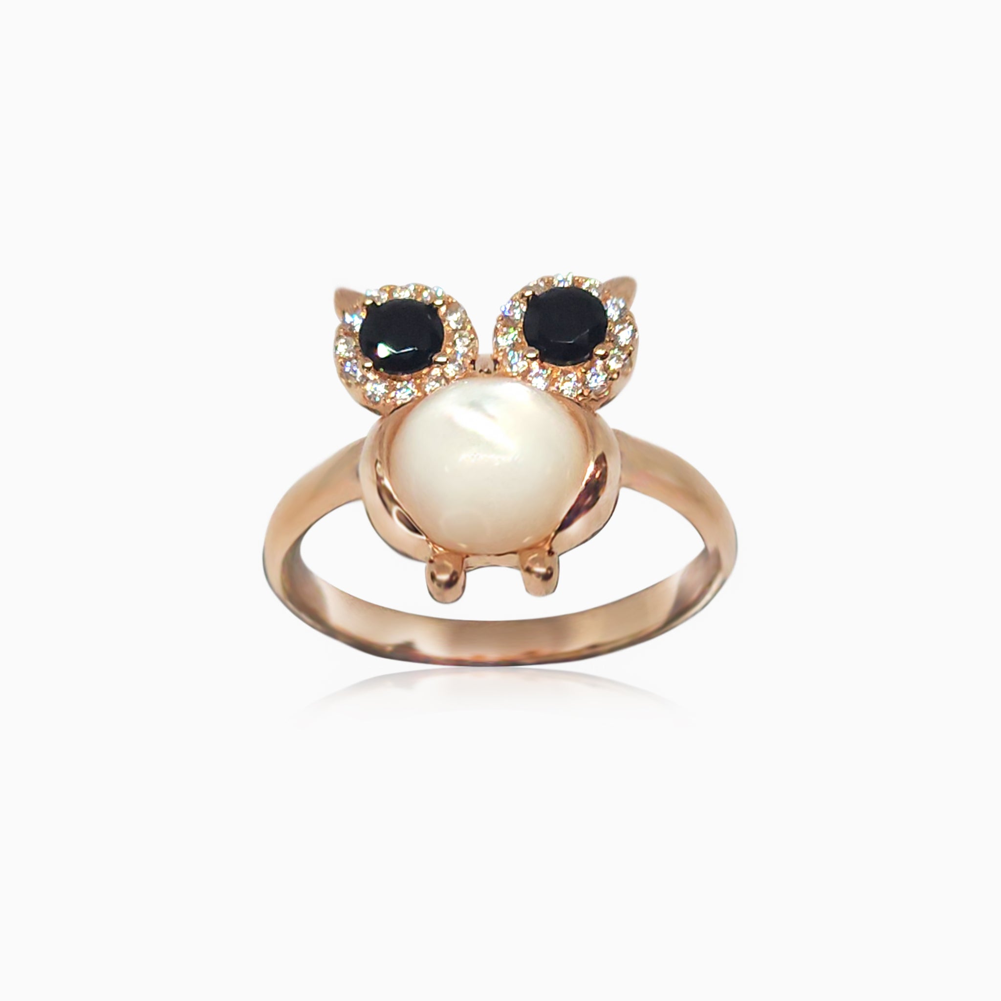 Silver Rose Gold Moonstone Owl Ring
