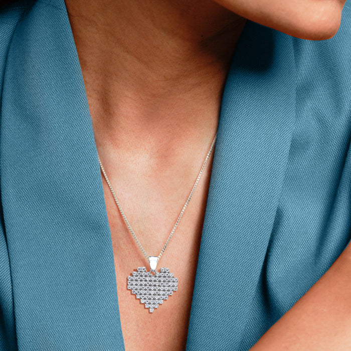 Silver Pixelated Heart Pendant with Link Chain
