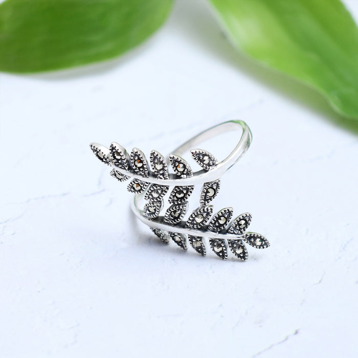 Silver Marcasite Leaf Embrace Ring