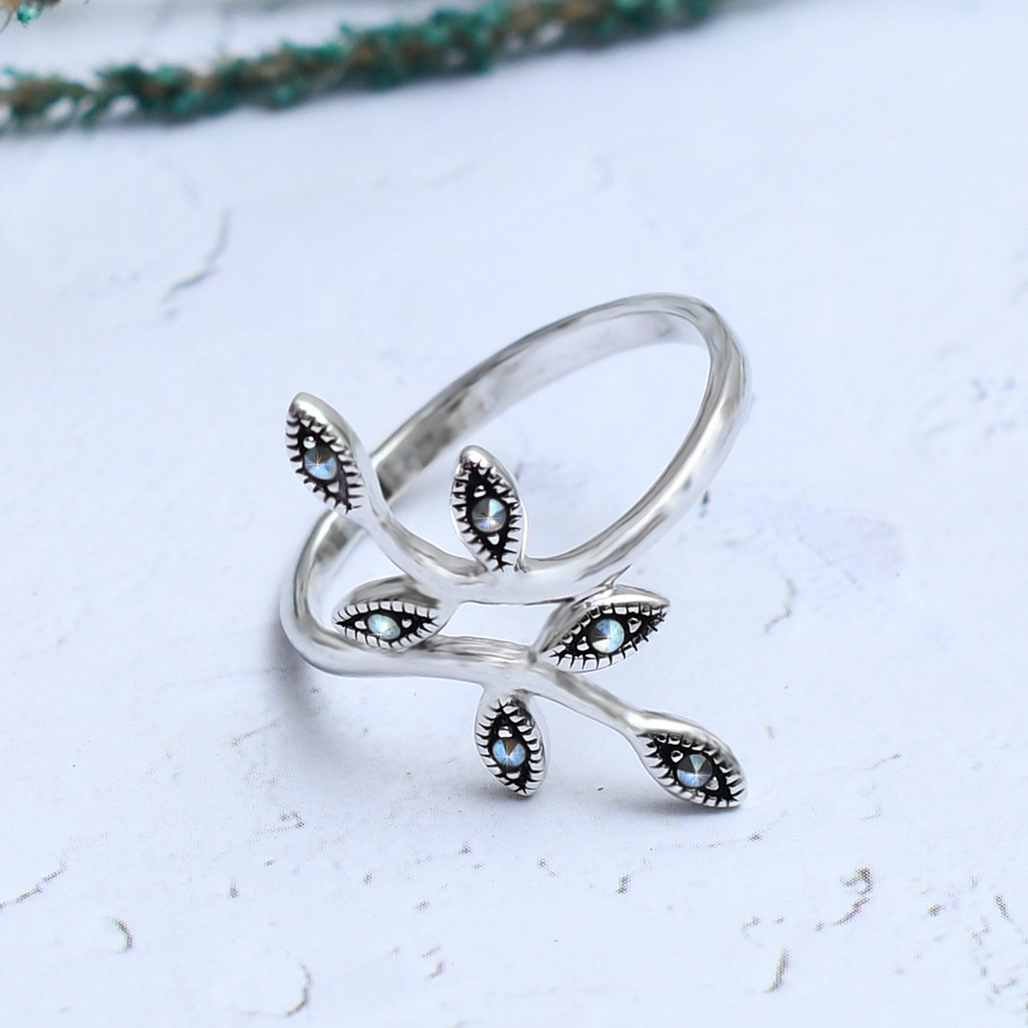 Silver Marcasite Leaf Branch Embrace Ring