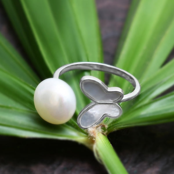 Silver Butterfly Tail Pearl Ring