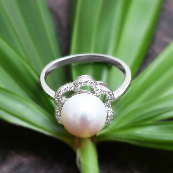 Silver Sparkling Floral Pearl Ring