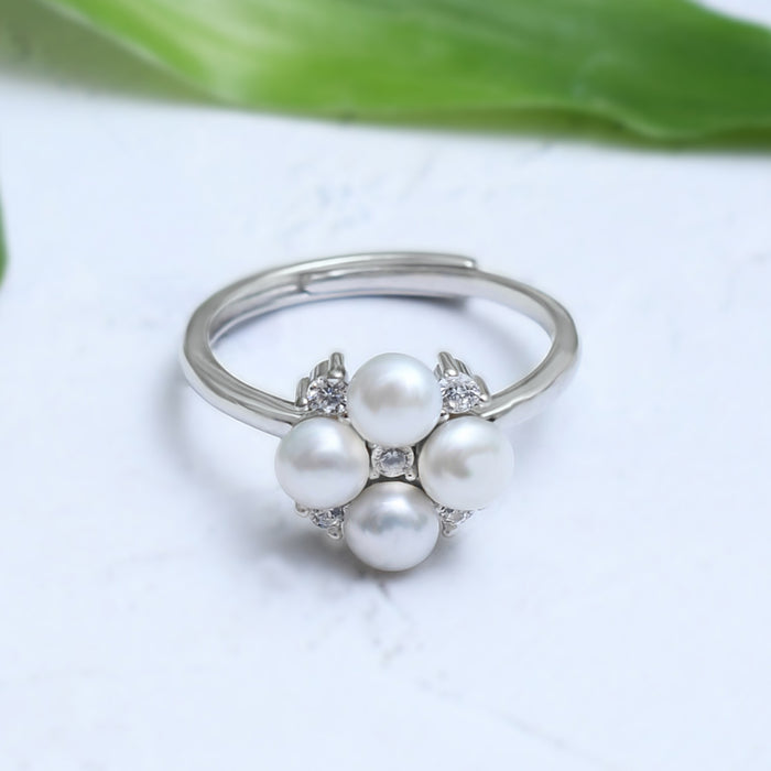 Silver Sparkling Quad Pearl Adjustable Ring
