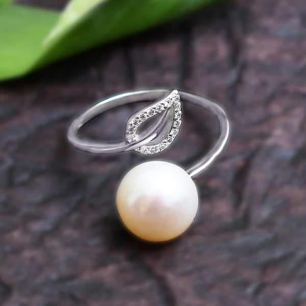 Silver Leaf Embrace Pearl Ring