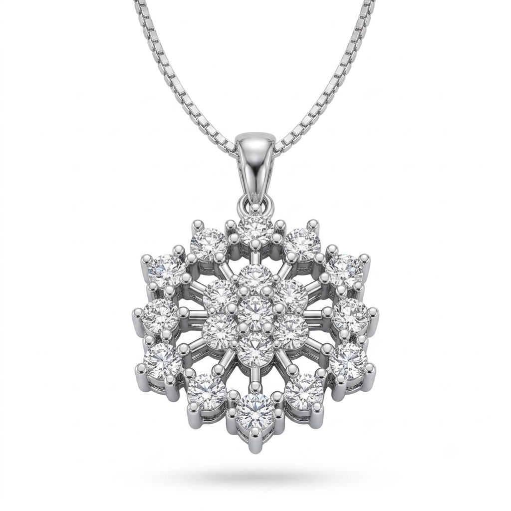 A silver snowflake pendant necklace with clear round-cut gemstones, suspended from a silver box chain against a white background.