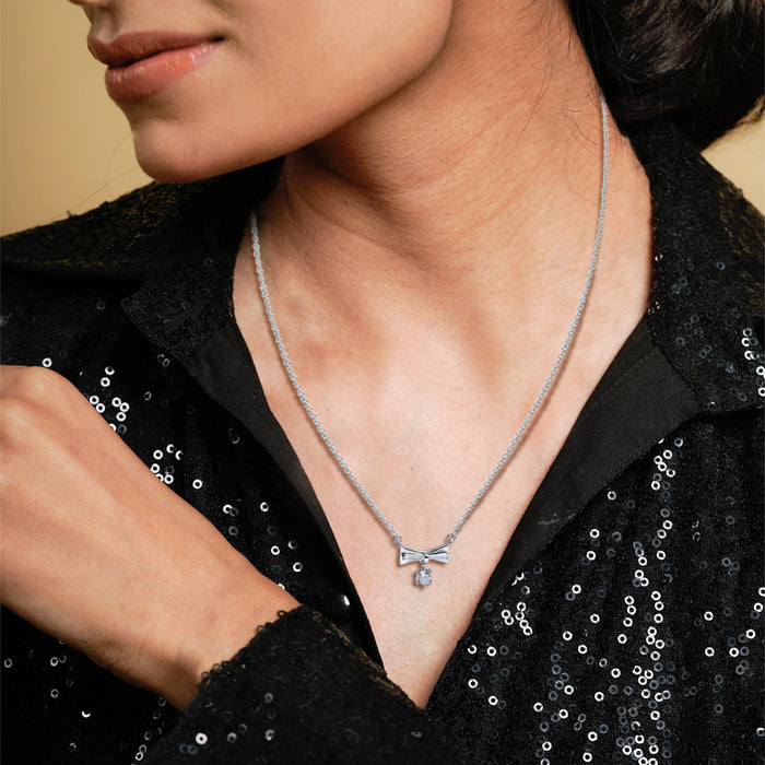 Silver Zircon Drop Bow Necklace
