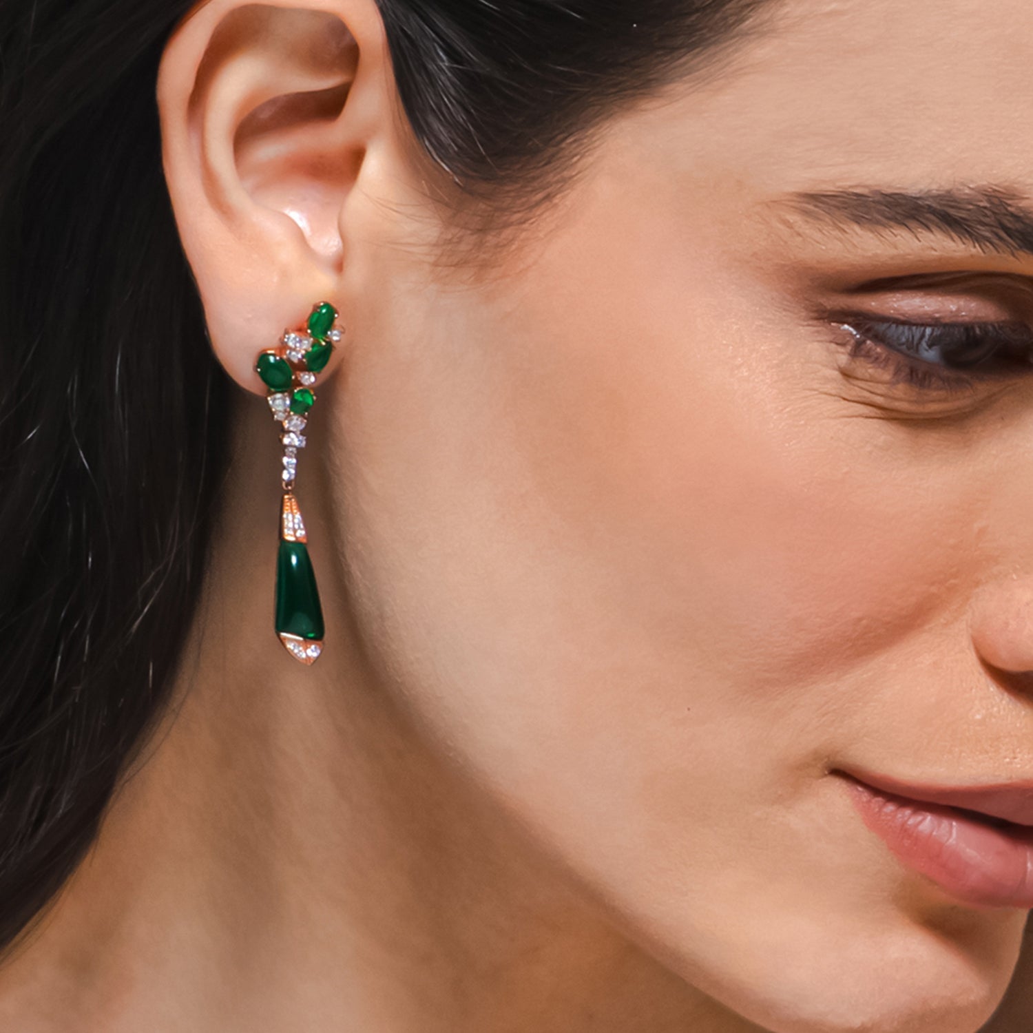 Silver Rose Gold Dangling Emerald Green Earrings