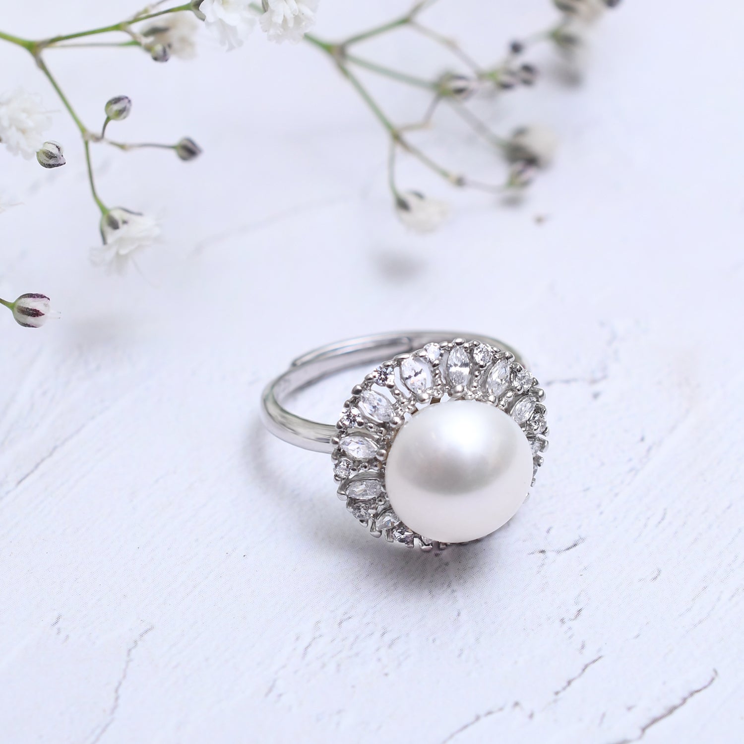 Silver Sparkling Pearl Opulence Ring
