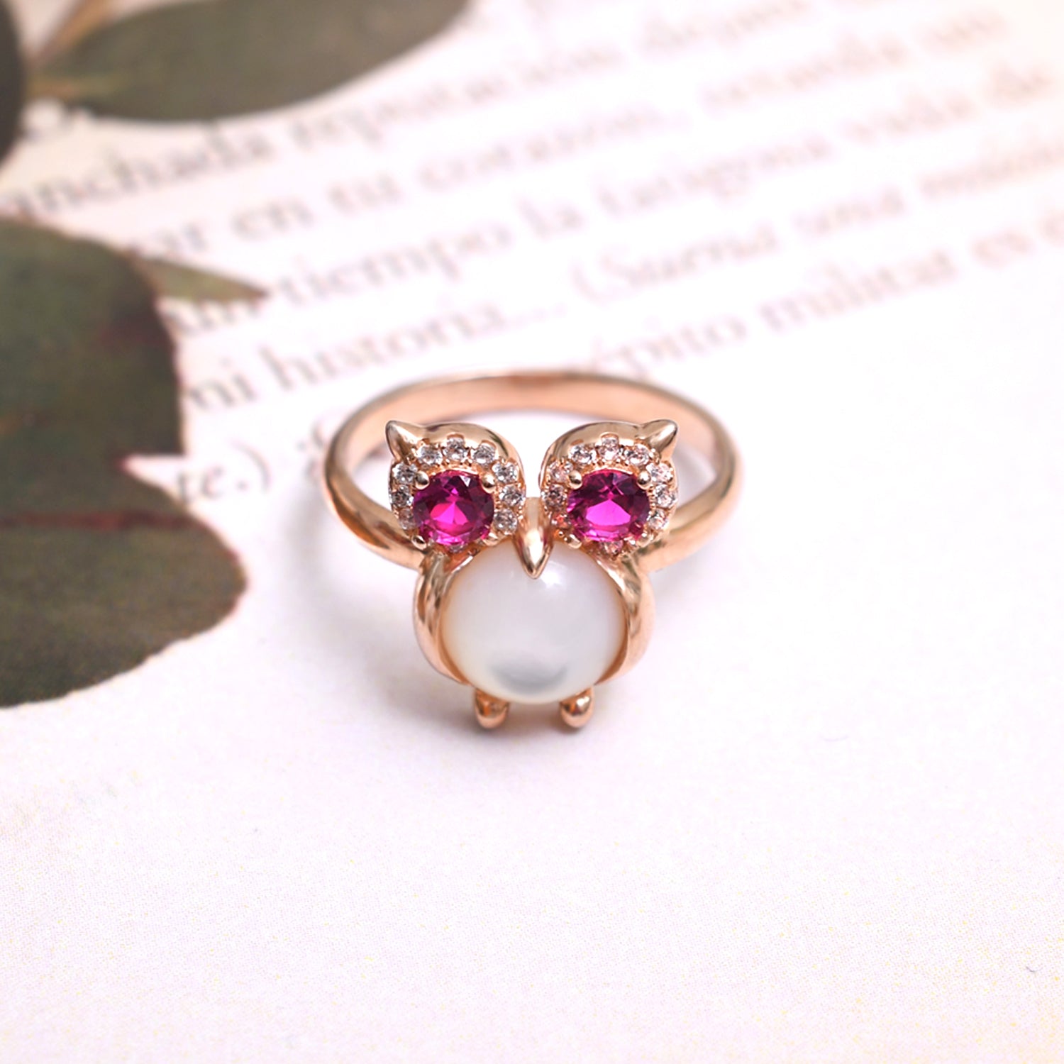 Silver Rose Gold Moonstone Owl Ring