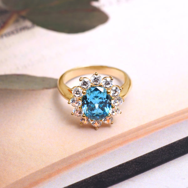 Silver Gold Sparkling Aquamarine Flower Ring