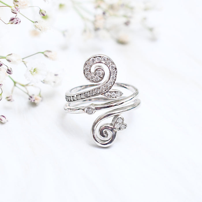Silver Sparkling 2 Line Curved Branch Heart Ring