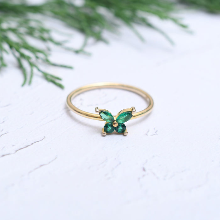 Silver Gold Emerald Green Butterfly Ring