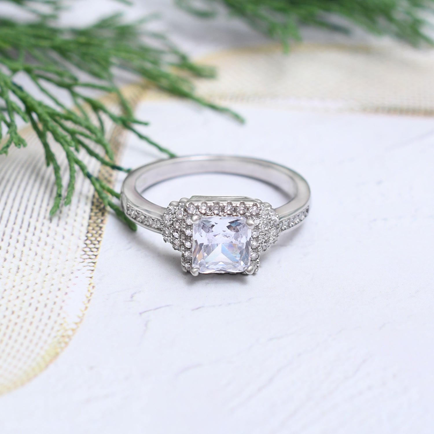 Silver Sparkling Square Solitaire Ring