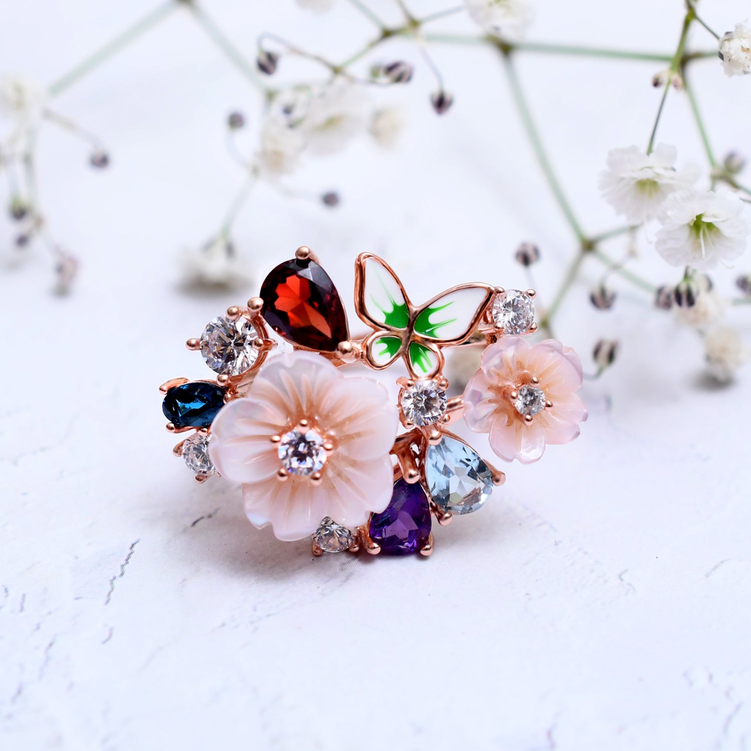 Silver Rose Gold Lush Butterfly & Floral Ring